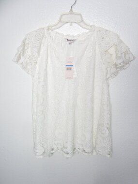 Nanette Lepore Size XL NEW Lace Short Sleeve Top Cream Lined Split V Neck